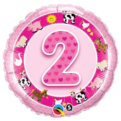 Foil Balloon Age 2 Pink Farm Animals