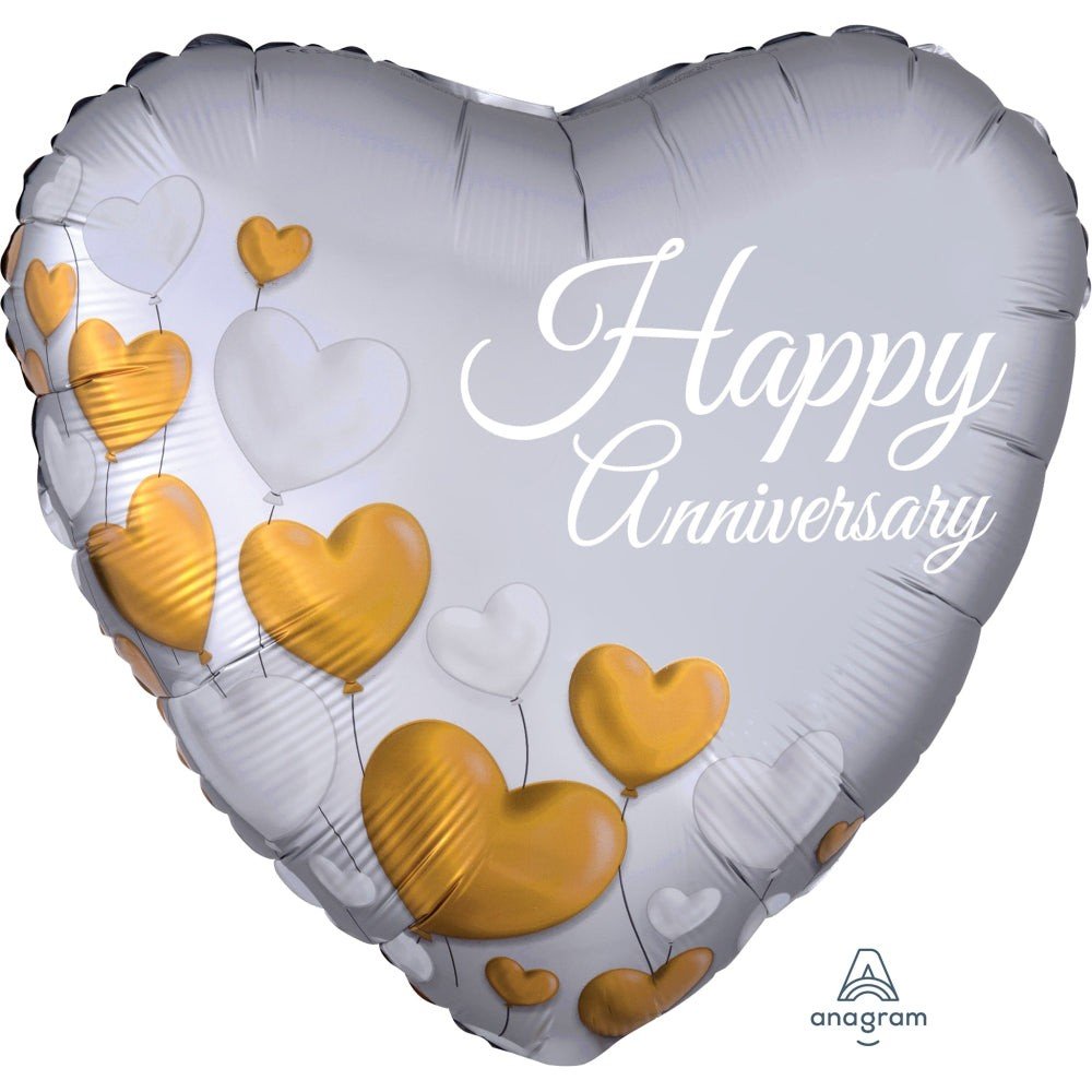 Foil Balloon Anniversary Platinum Hearts 18 Inch