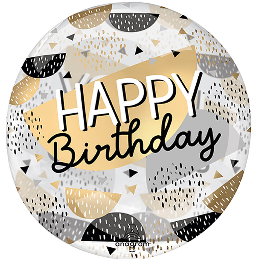 Plastic Balloon Clearz Happy Birthday Black & Gold