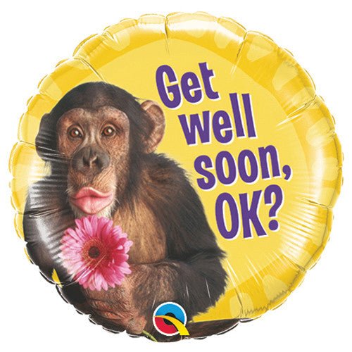 Foil Balloon Get Well Chimp With Flower