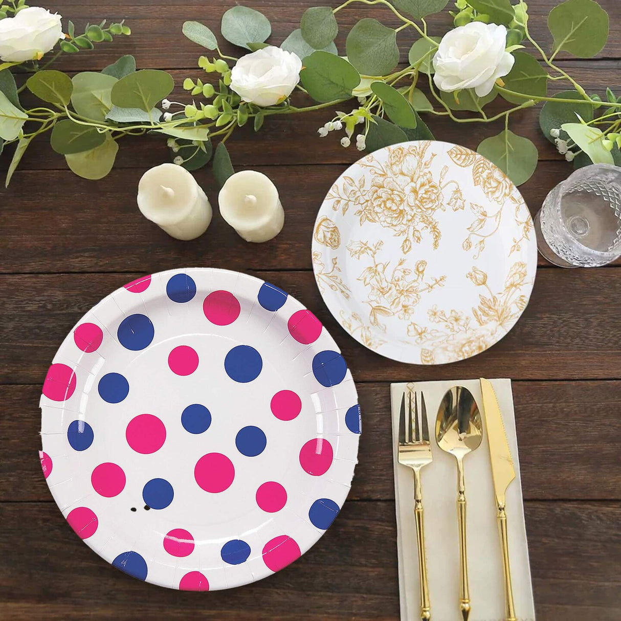 8 Count Pink and Blue Polka Dot Paper Dinner Plates 9 Inch Gender Reveal Baby Shower Supplies