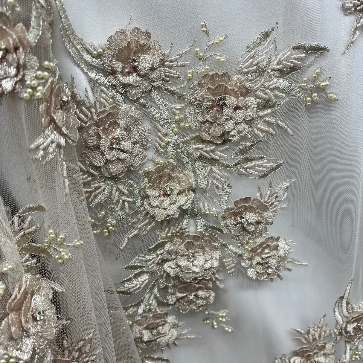 Beaded 3D Floral Lace Fabric Lt. Blush with Silver 54"