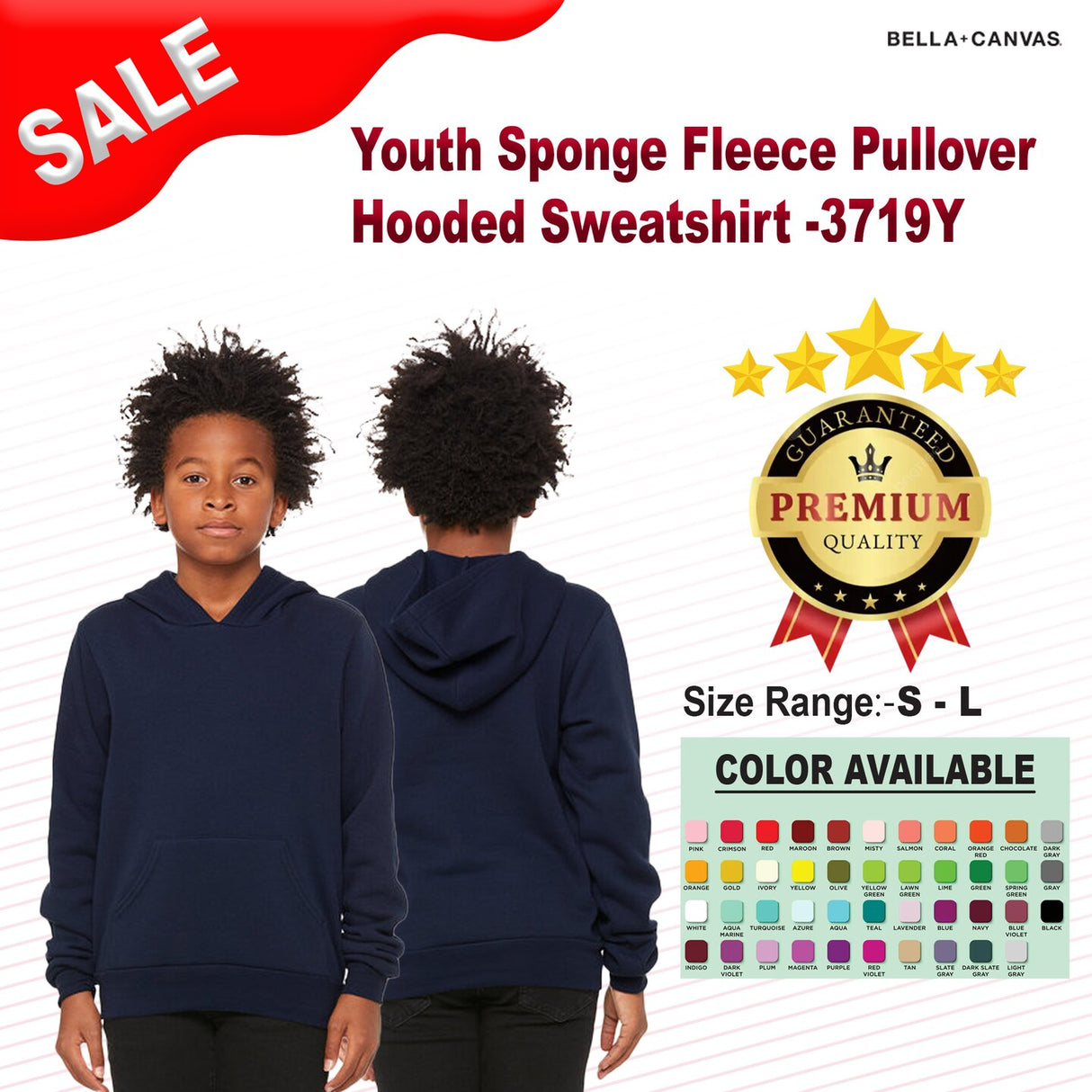 Bella + Canvas® Youth Sponge Fleece Pullover Long Sleeve Hooded Sweatshirt
