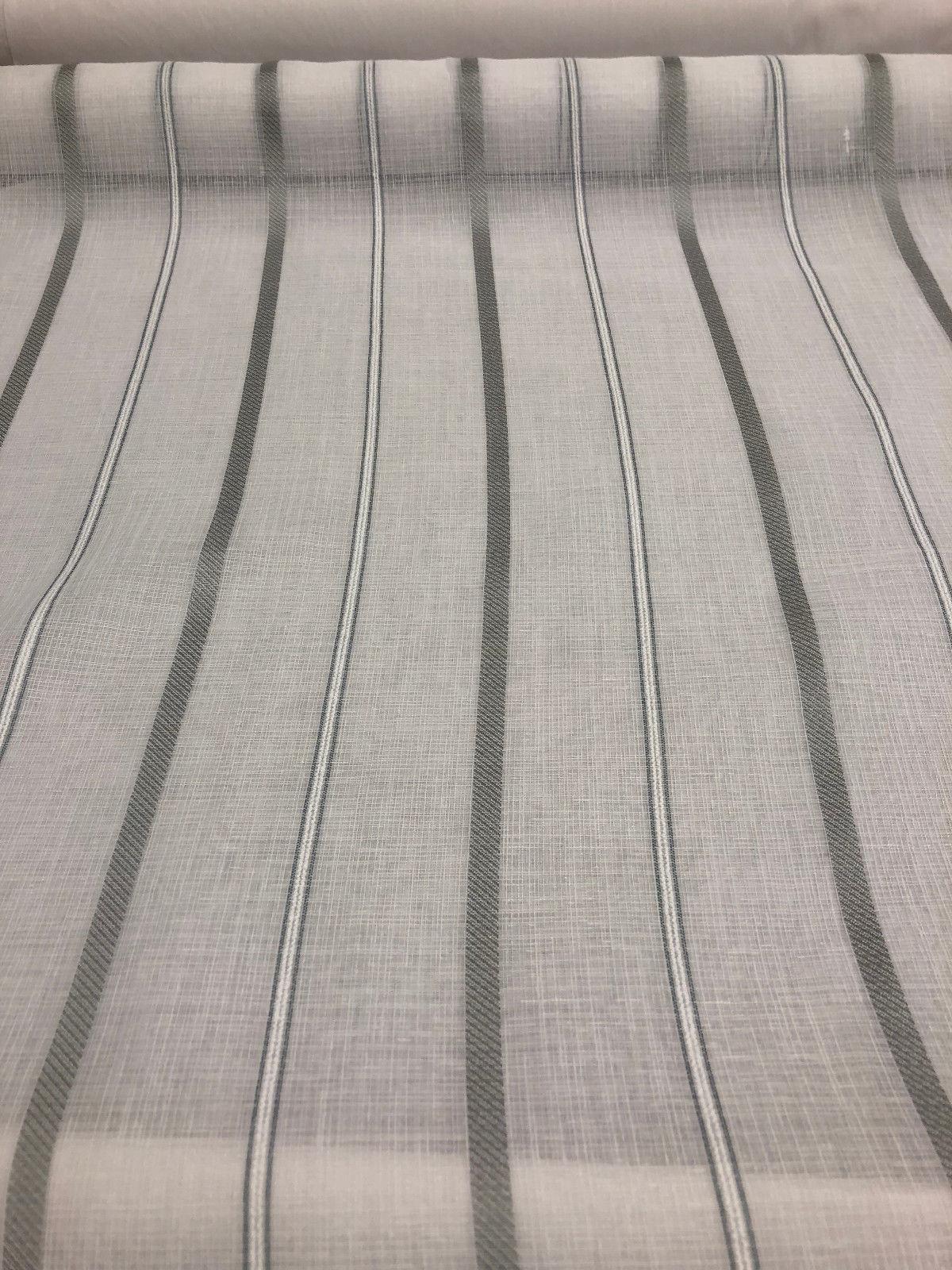 P Kaufmann Glacier White Linen Look Sheer Iznik Stripe Polyester Fabric - White, Stripe, 118" Width (1 Yard)
