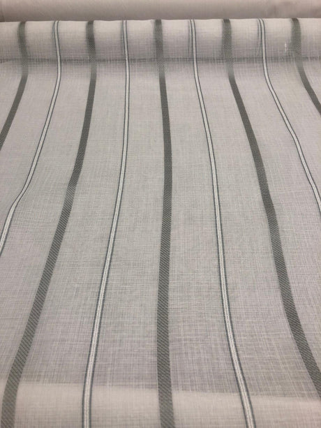 P Kaufmann Glacier White Linen Look Sheer Iznik Stripe Polyester Fabric - White, Stripe, 118" Width (1 Yard)