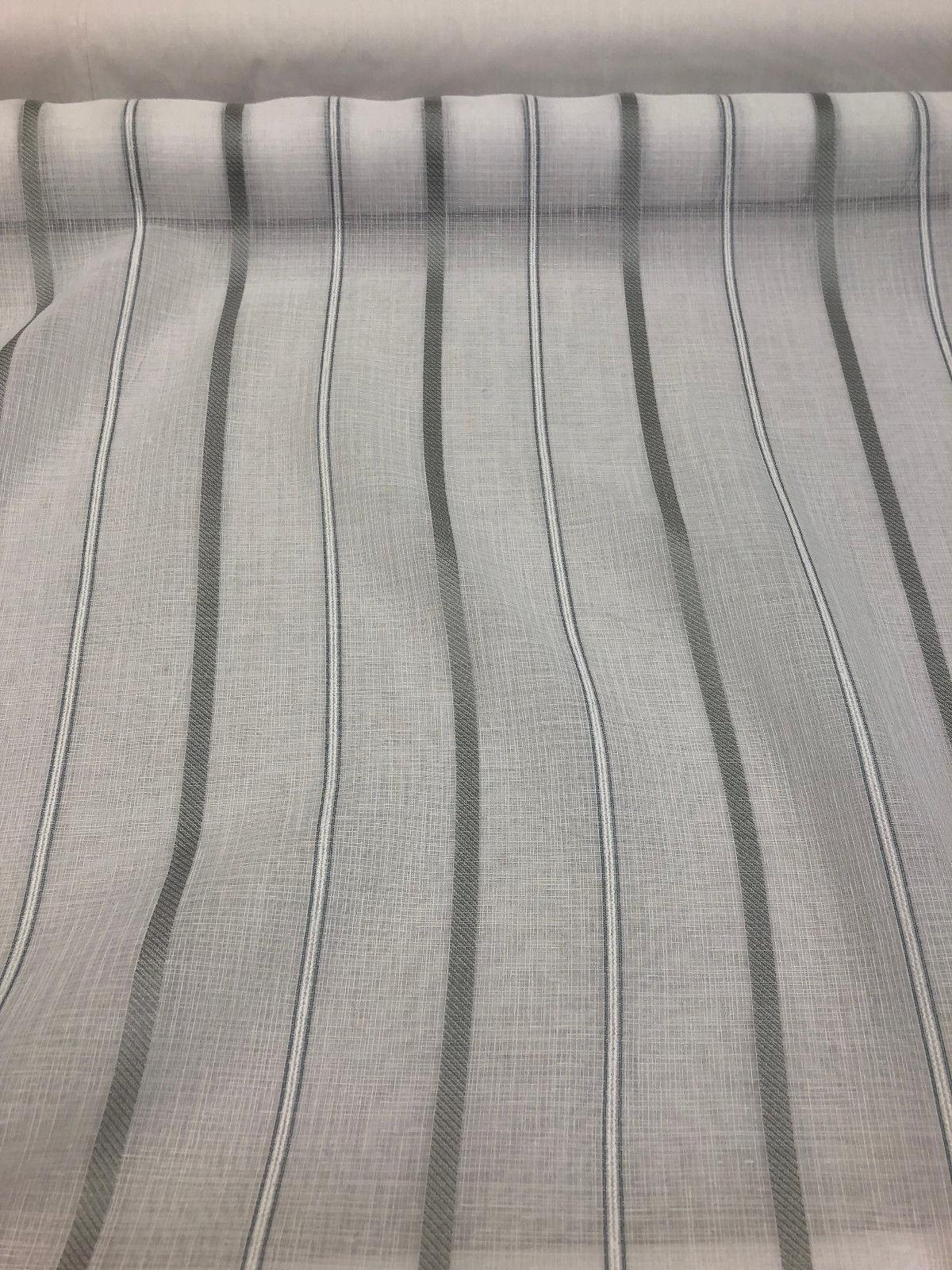 P Kaufmann Glacier White Linen Look Sheer Iznik Stripe Polyester Fabric - White, Stripe, 118" Width (1 Yard)