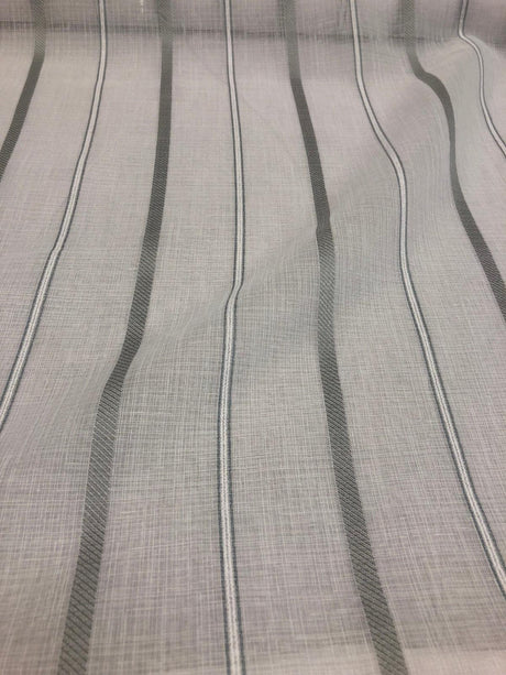 P Kaufmann Glacier White Linen Look Sheer Iznik Stripe Polyester Fabric - White, Stripe, 118" Width (1 Yard)