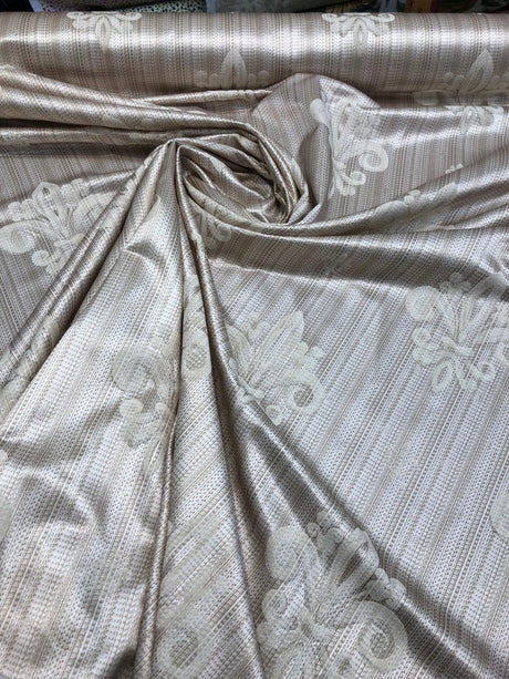 Fleur De Lis Oatmeal Stripe Damask Jacquard Fabric - Oatmeal, Reversible, 60" Width, 13" Horizontal Repeat, 14" Vertical Repeat (1 Yard)