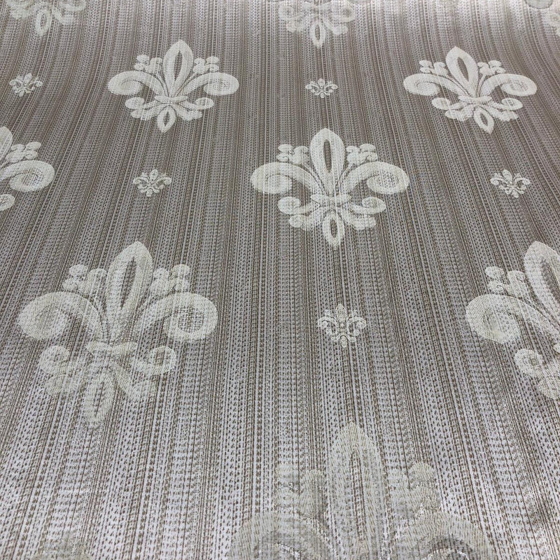 Fleur De Lis Oatmeal Stripe Damask Jacquard Fabric - Oatmeal, Reversible, 60" Width, 13" Horizontal Repeat, 14" Vertical Repeat (1 Yard)