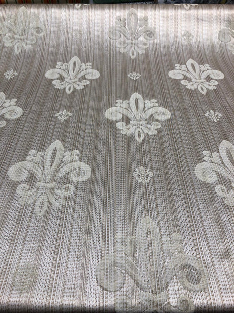 Fleur De Lis Oatmeal Stripe Damask Jacquard Fabric - Oatmeal, Reversible, 60" Width, 13" Horizontal Repeat, 14" Vertical Repeat (1 Yard)