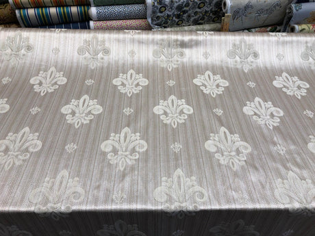 Fleur De Lis Oatmeal Stripe Damask Jacquard Fabric - Oatmeal, Reversible, 60" Width, 13" Horizontal Repeat, 14" Vertical Repeat (1 Yard)