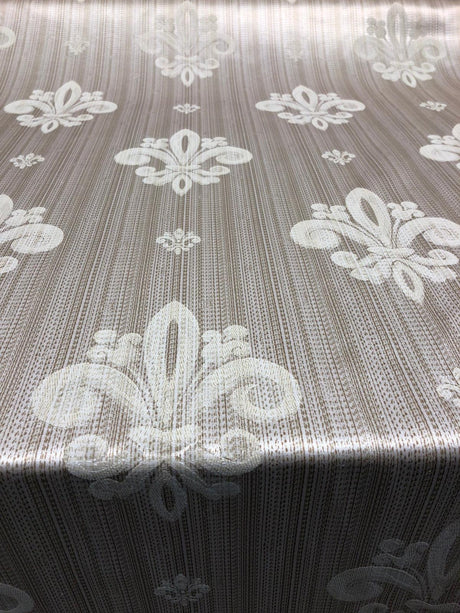 Fleur De Lis Oatmeal Stripe Damask Jacquard Fabric - Oatmeal, Reversible, 60" Width, 13" Horizontal Repeat, 14" Vertical Repeat (1 Yard)