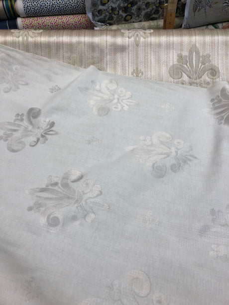 Fleur De Lis Oatmeal Stripe Damask Jacquard Fabric - Oatmeal, Reversible, 60" Width, 13" Horizontal Repeat, 14" Vertical Repeat (1 Yard)