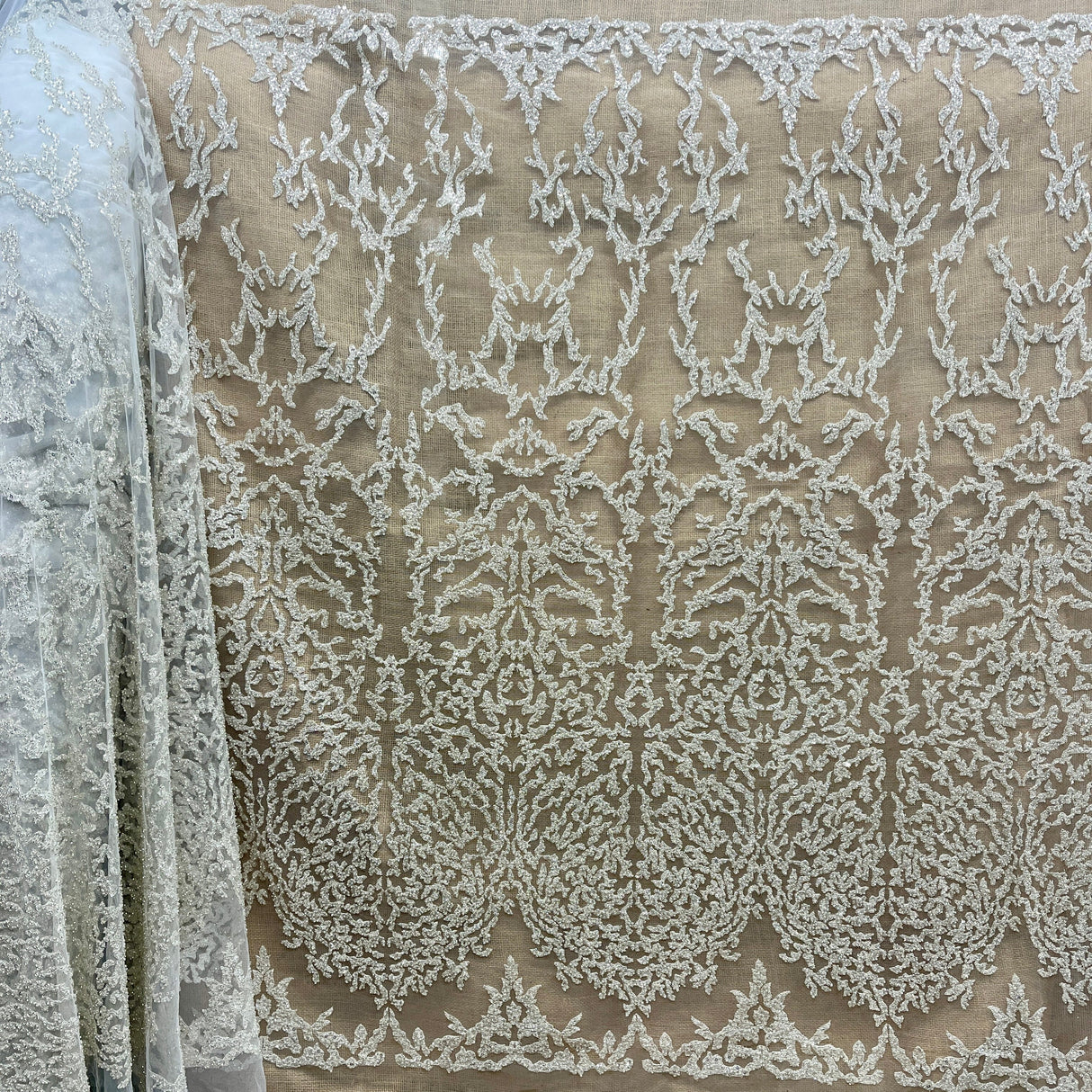 Beaded Lace Fabric on Polyester Net Mesh 52" Wide