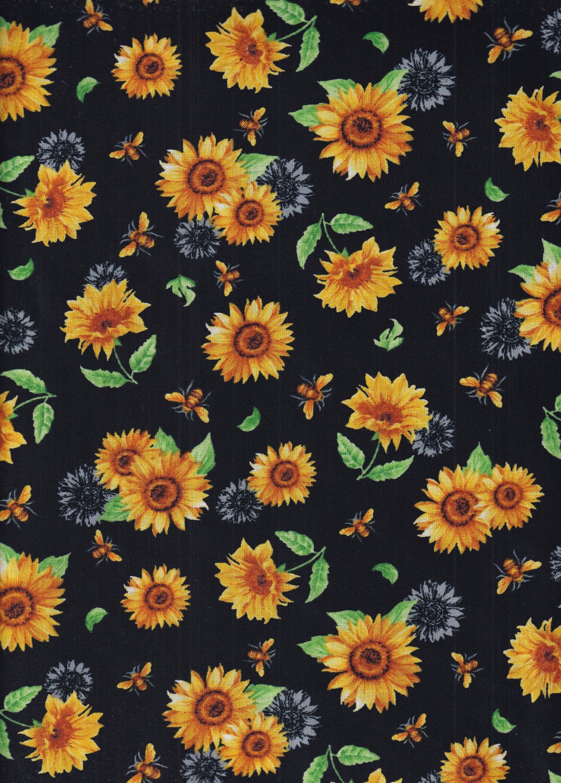 Quilting Cotton Sunflowers and Bees Black 100% Cotton