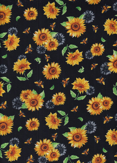 Quilting Cotton Sunflowers and Bees Black 100% Cotton
