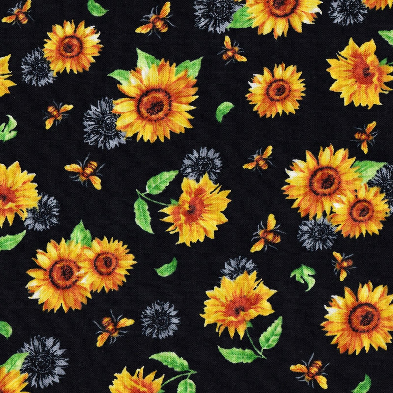 Quilting Cotton Sunflowers and Bees Black 100% Cotton