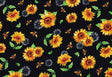 Quilting Cotton Sunflowers and Bees Black 100% Cotton