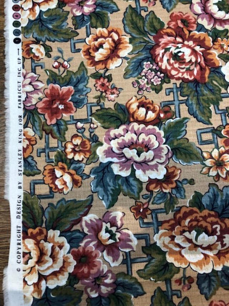 Stanley King Fabricut Vintage Floral Fabric - Red, Green, Blue, White, Orange Floral, 58" Width (1 Yard)