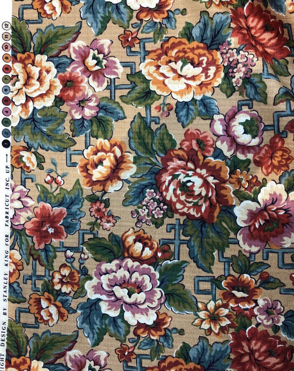 Stanley King Fabricut Vintage Floral Fabric - Red, Green, Blue, White, Orange Floral, 58" Width (1 Yard)