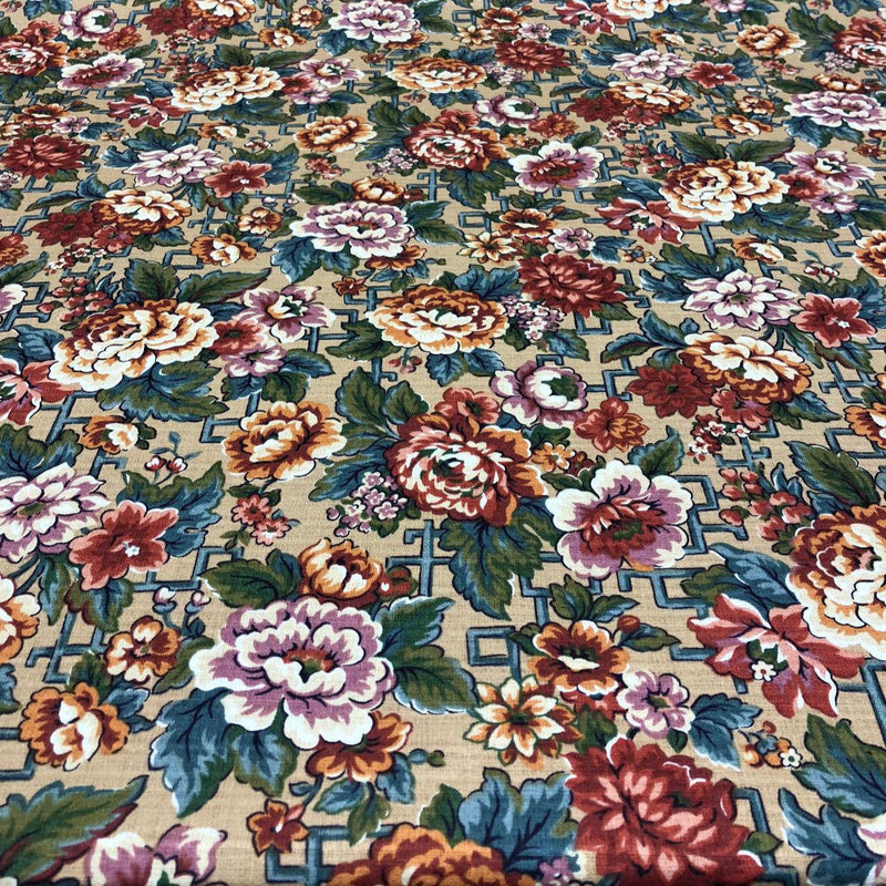 Stanley King Fabricut Vintage Floral Fabric - Red, Green, Blue, White, Orange Floral, 58" Width (1 Yard)