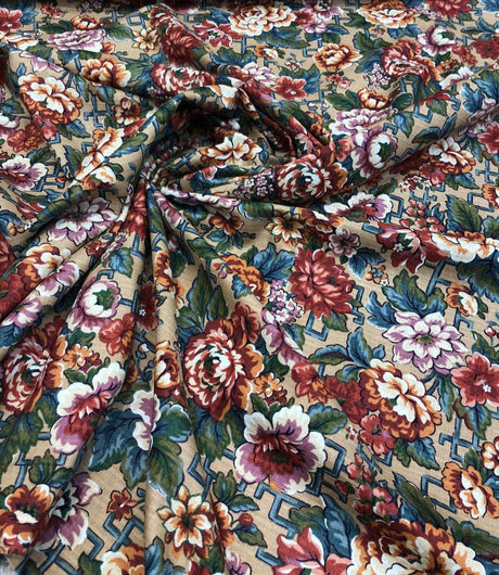 Stanley King Fabricut Vintage Floral Fabric - Red, Green, Blue, White, Orange Floral, 58" Width (1 Yard)