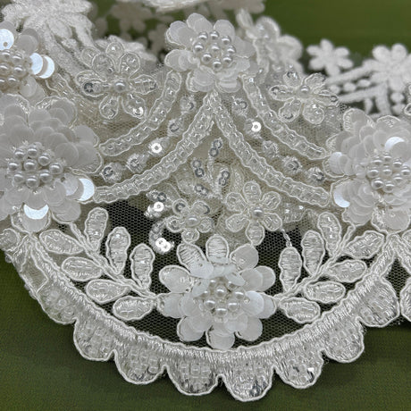 1 Yard Elegant Beaded & Corded Floral Lace Trim on Soft 100% Polyester Mesh