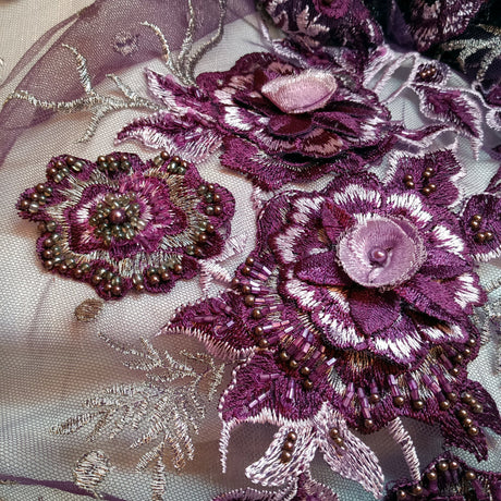 Beaded 3D Floral Lace Polyester Fabric - Embroidered Net Mesh, 50" Width, Purple, Gold, Royal, Red (1 Yard)