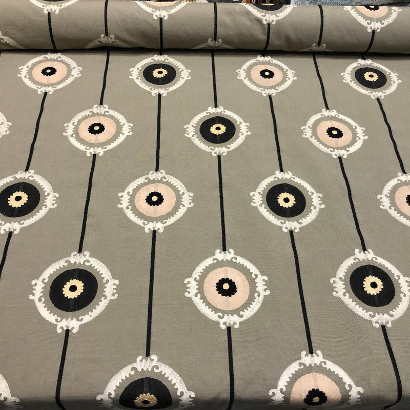 Lift Embroidered Black Circles Bohemian Fabric - Black Circles, 56" Width (1 Yard)