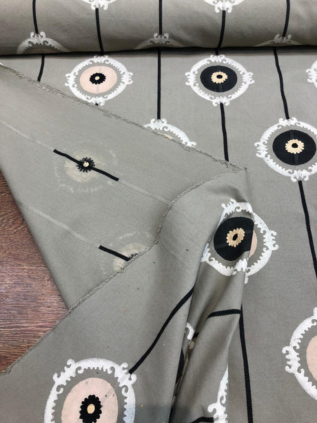 Lift Embroidered Black Circles Bohemian Fabric - Black Circles, 56" Width (1 Yard)