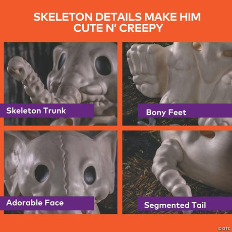 Sitting Elephant Skeleton Halloween Decoration with Upturned Trunk, showing a detailed skeletal bone design