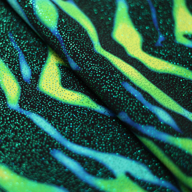Eye Of The Tiger Nylon Spandex Fabric - Blue/Green Or Pink/Orange Tiger Print On Black, 58/60" Width (1 Yard)