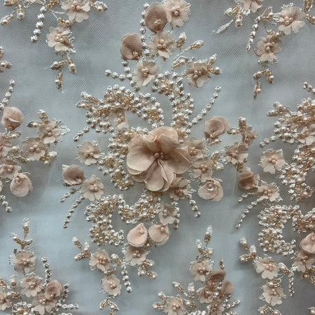 Beaded 3D Floral Lace Peach Mesh