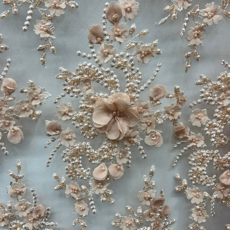 Beaded 3D Floral Lace Polyester Fabric - Peach, 48" Wide (1 Yard)