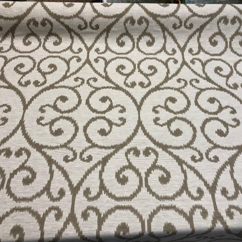 Scroll Baige Khaki Linen Cotton Fabric - Khaki Scroll Jacquard, 54" Width (1 Yard)