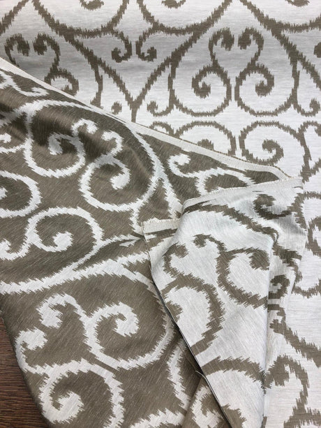 Scroll Baige Khaki Linen Cotton Fabric - Khaki Scroll Jacquard, 54" Width (1 Yard)