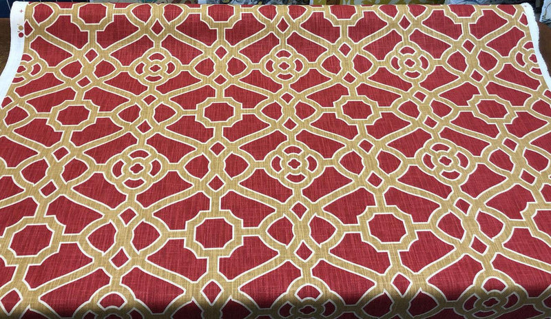 P Kaufmann Pavilion Fretwork Cotton Fabric - Rouge Red Gold Fretwork, 54" Width (1 Yard)