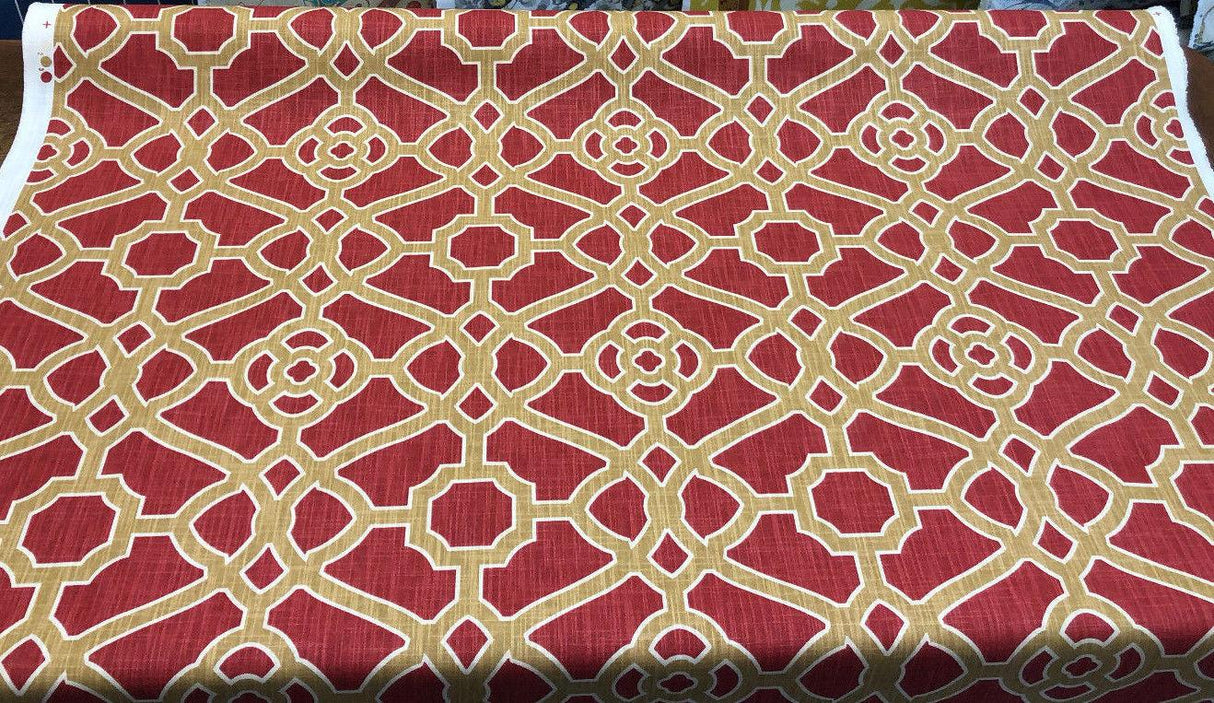 P Kaufmann Pavilion Fretwork Cotton Fabric - Rouge Red Gold Fretwork, 54" Width (1 Yard)