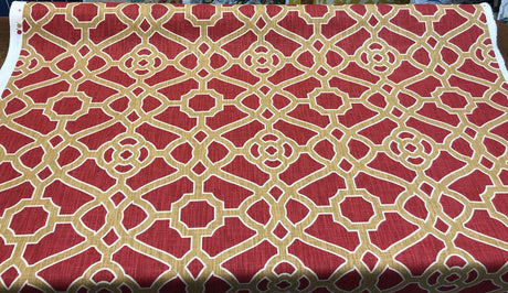 P Kaufmann Pavilion Fretwork Cotton Fabric - Rouge Red Gold Fretwork, 54" Width (1 Yard)