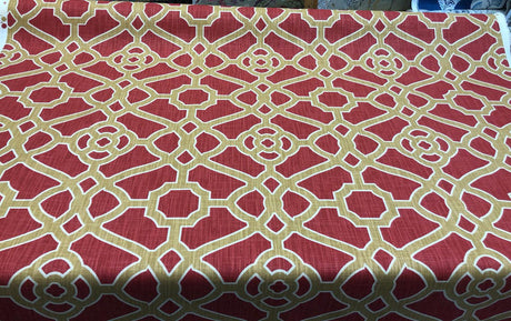 P Kaufmann Pavilion Fretwork Cotton Fabric - Rouge Red Gold Fretwork, 54" Width (1 Yard)