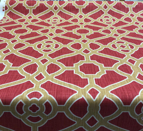 P Kaufmann Pavilion Fretwork Cotton Fabric - Rouge Red Gold Fretwork, 54" Width (1 Yard)