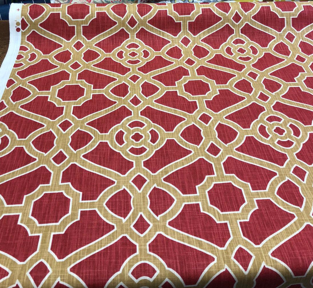 P Kaufmann Pavilion Fretwork Cotton Fabric - Rouge Red Gold Fretwork, 54" Width (1 Yard)