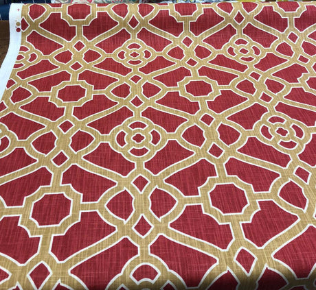 P Kaufmann Pavilion Fretwork Cotton Fabric - Rouge Red Gold Fretwork, 54" Width (1 Yard)