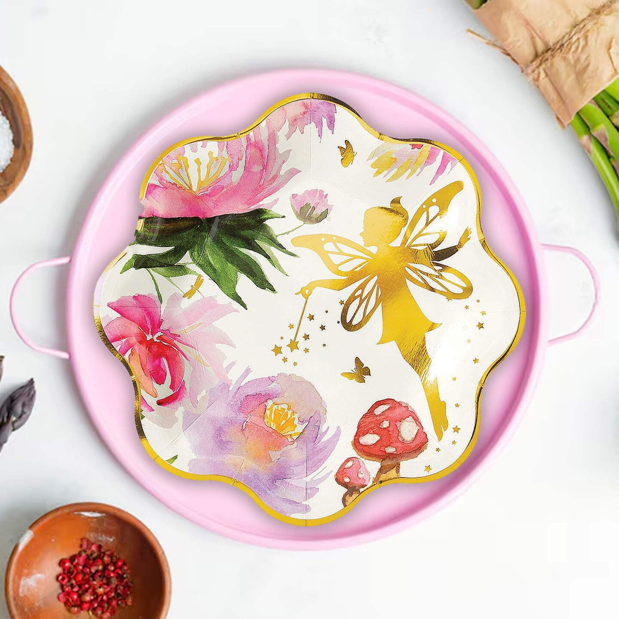 8 Count Iridescent Fairy Paper Plates Gold Trimmed Party Disposable Dinnerware 9"