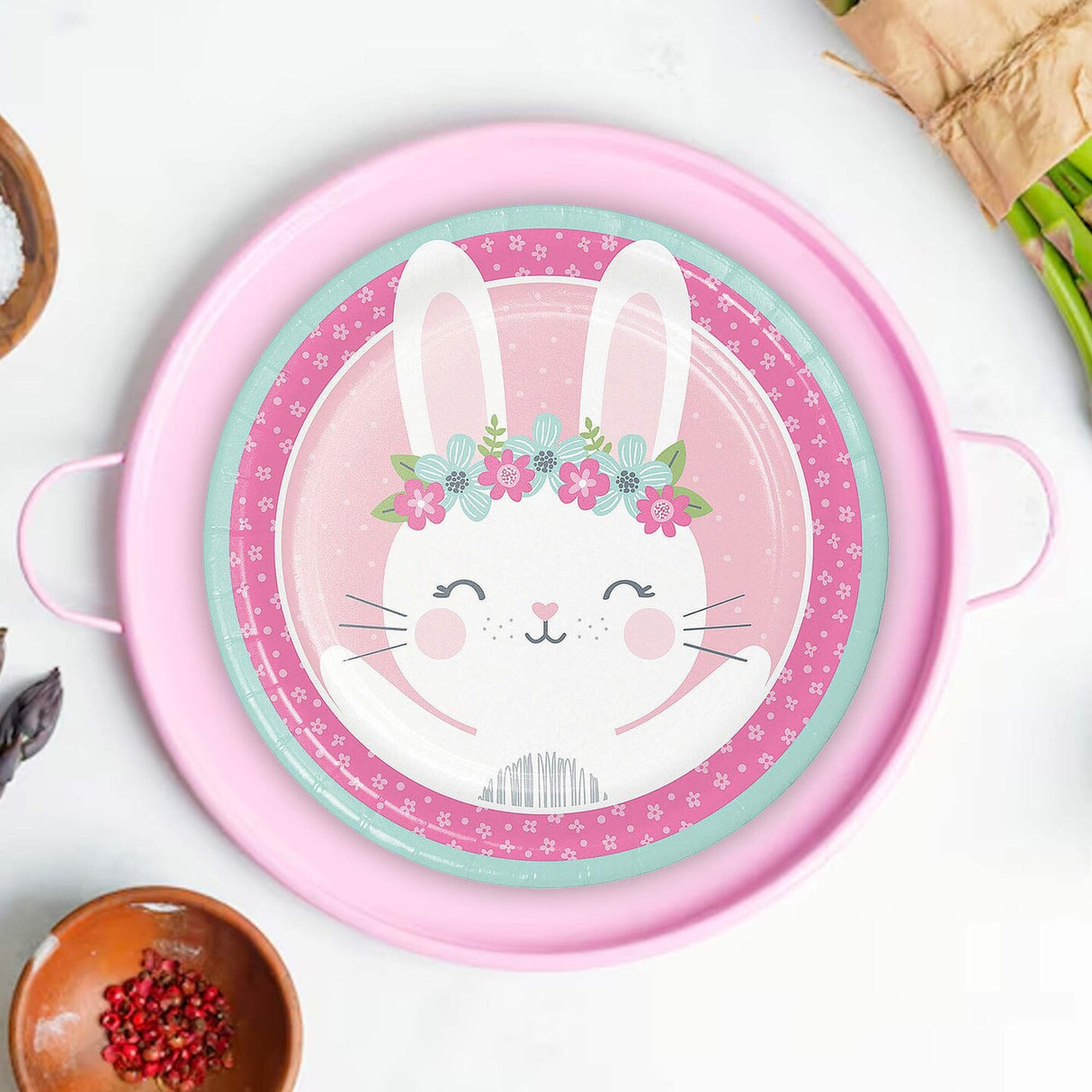 8 Count Pink Bunny Floral Paper Plates for Girl Baby Shower Birthday Table Decor 9"