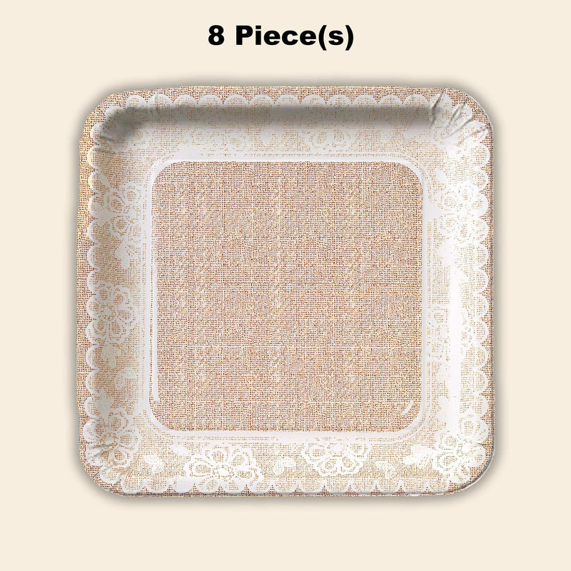 8 Count Burlap and Lace Square Paper Dessert Plates 7 Inch Print Plates & Bowls
