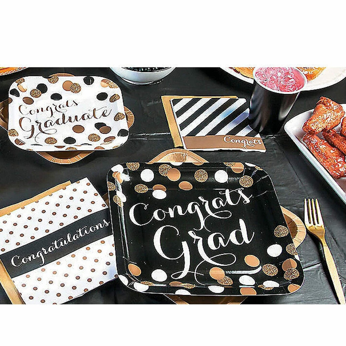 8 Count Black and Gold Congrats Graduation Party Square Paper Dinner Plates 9 1/4 Inch