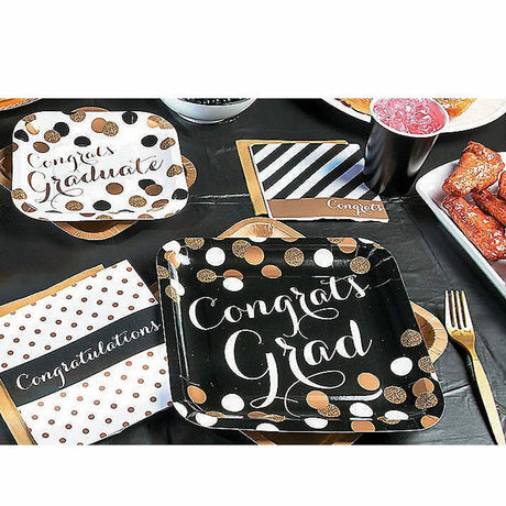 8 Count Black and Gold Congrats Graduation Party Square Paper Dinner Plates 9 1/4 Inch