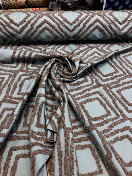Valiant Attitude Spa Blue Rope Embroidered Fabric - Spa Blue Geometric Rope Embroidery, 54" Width (1 Yard)