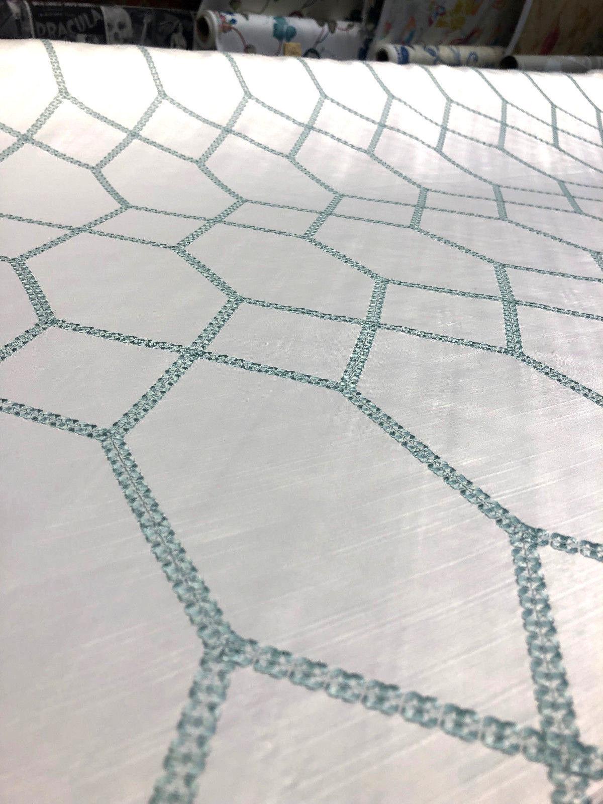Avalon Sky Blue Jacquard Embroidered Fabric - White With Sky Blue Geometric Pattern, 56" Width (1 Yard)